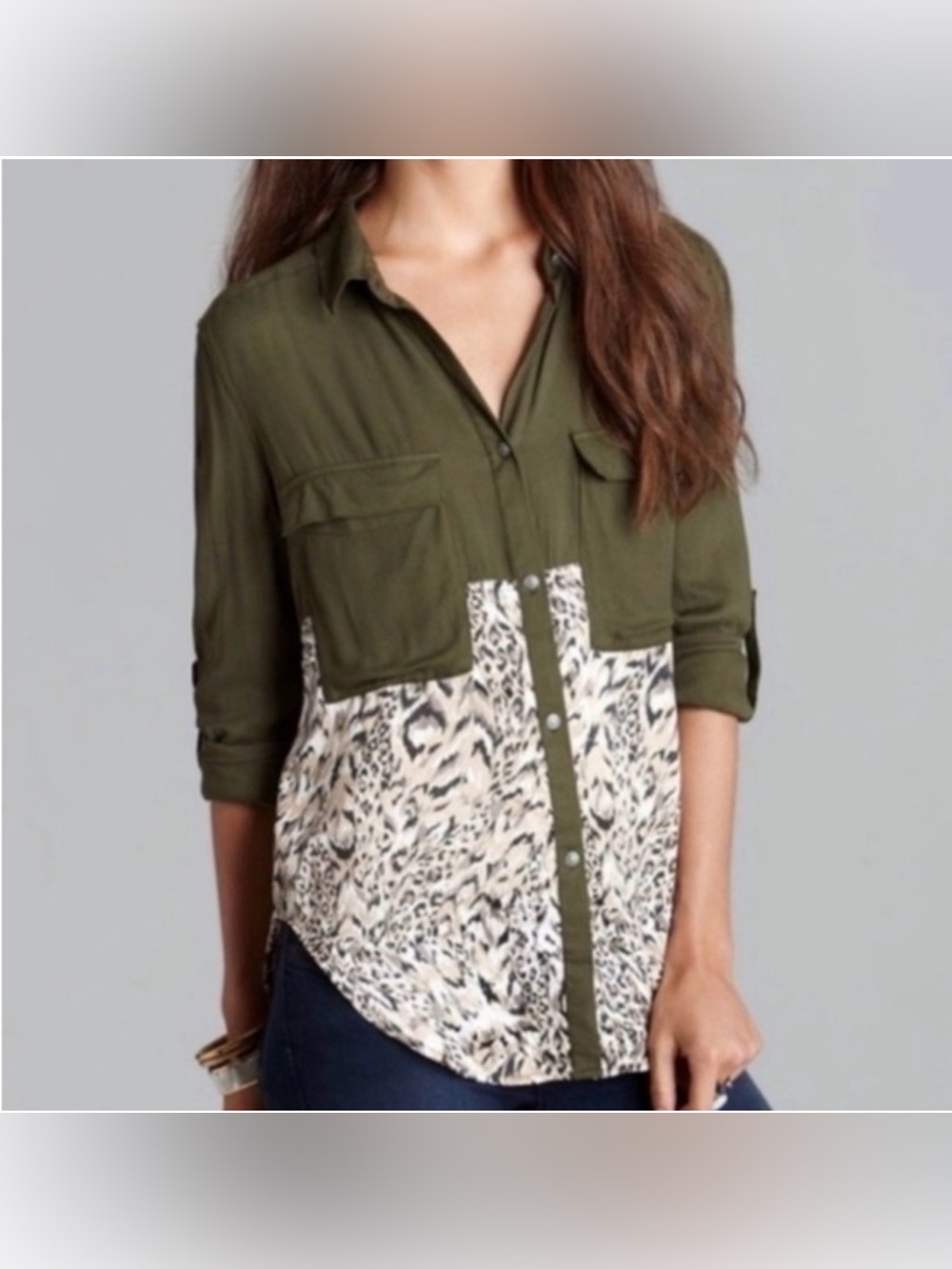 Free People Welcome to the Jungle Tunic Size Small Button Up Green /Animal Print